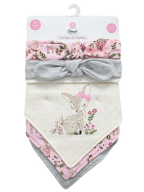 Σαλιάρα Μπαντάνα Interlock & Επένδυση Terry με Κουμπία bebe Σετ 5 Τεμ. Deer pink